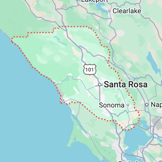 Map showing North Bay Platinum Plumbing service area in Santa Rosa, Sonoma County, and the North Bay
